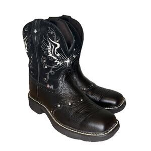 Justin Womens 7.5 Black Boots Leather Western Square Gypsy Wings Cross Cowgirl